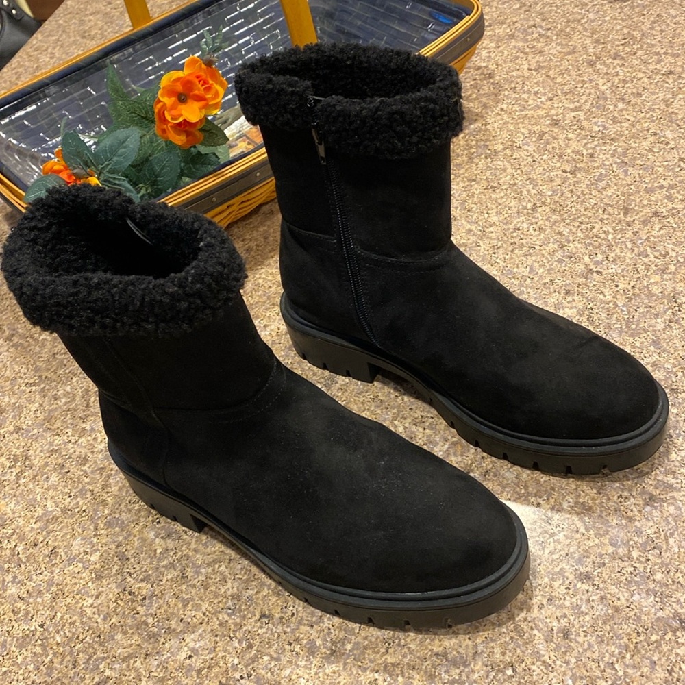 Esprit Black Ariana 7.5 Boots Zip Heeled Faux Fur and Faux Suede